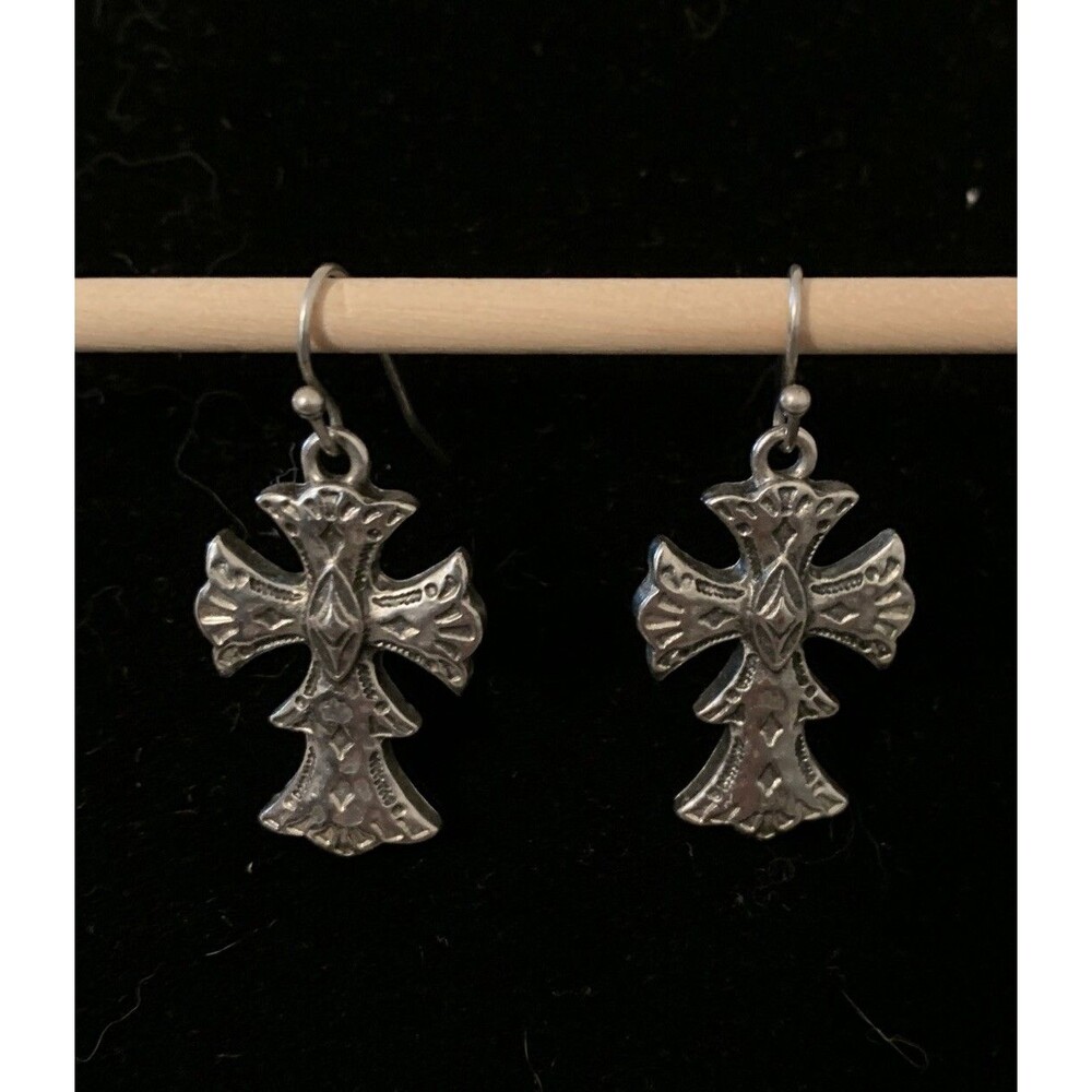 Vintage Celtic Cross Earrings Silver Tone Dangle Drop Gothic